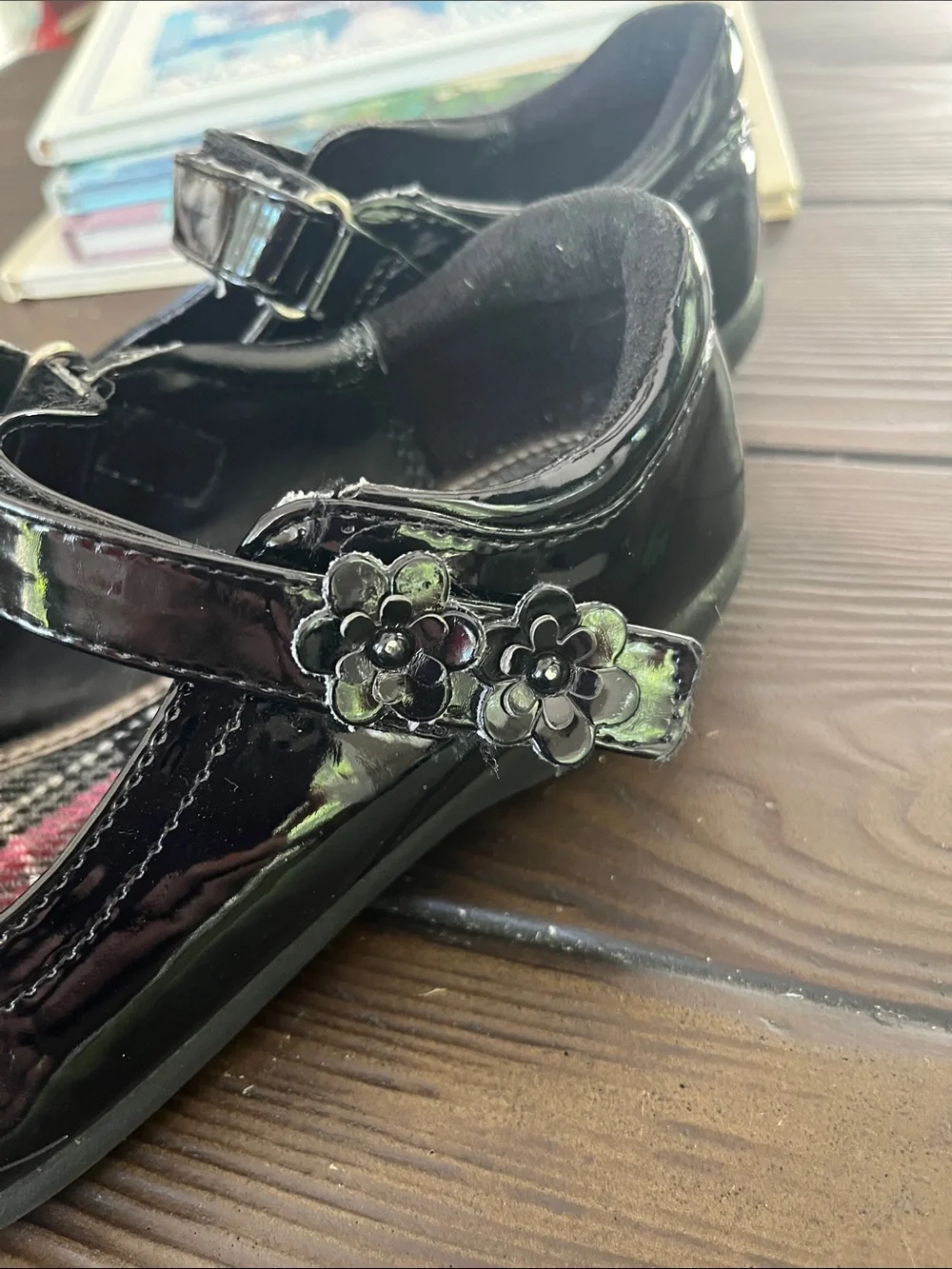 French Toast Black Patent Mary Janes with Plaid Insole